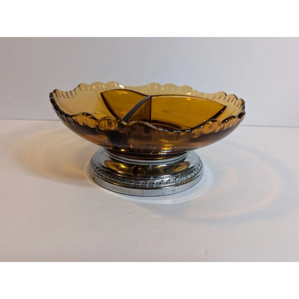 Vintage Farber Bros Krome Kraft  Glass Divided Dish Bowl Amber‎